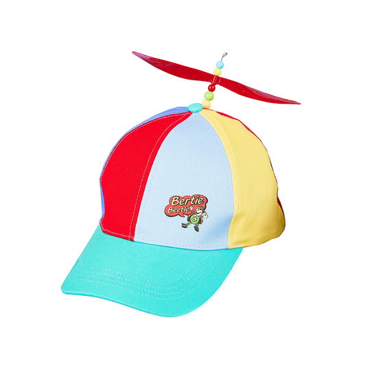 A colorful children's baseball cap with a red propeller on top, featuring red, light blue, yellow, and turquoise panels, and a 'Bertie Beetle' logo on the front.
